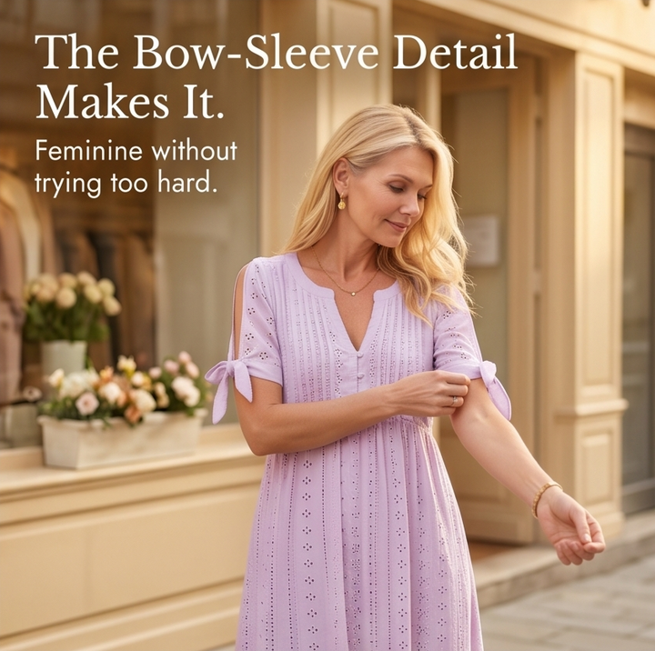 Florenza™ – Eyelet Midi Dress with Tie-Bow Sleeves