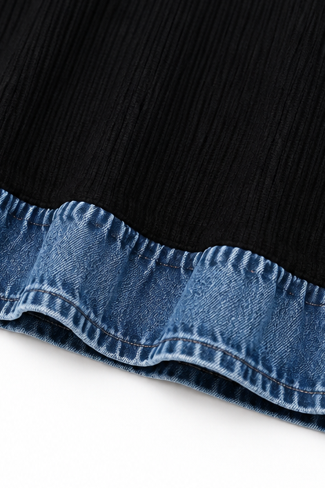 Layerlore – Denim-Look Patchwork Hooded Cardigan