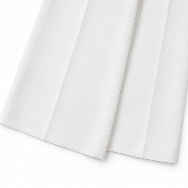 Calminore – White Wide-Leg Tailored Trousers, Pressed Crease, Full Length