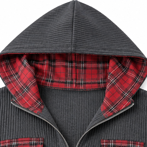 Marelle – Plaid Panel Ribbed Zip-Up Hoodie