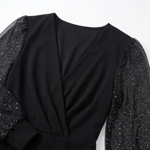 Veloura – Sequin Mesh Sleeve Wide-Leg Jumpsuit