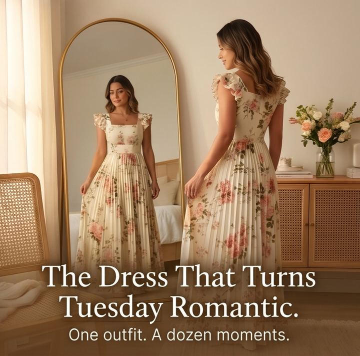 Florelle™ - Square-Neck Floral Pleated Maxi Dress