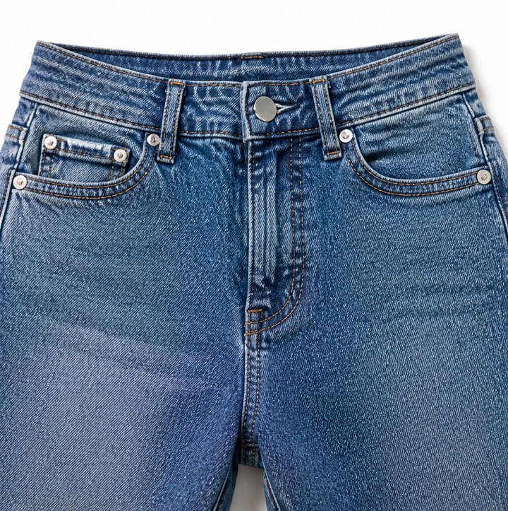 Flarelynn – Scalloped Button-Trim Raw Hem Flare Jeans