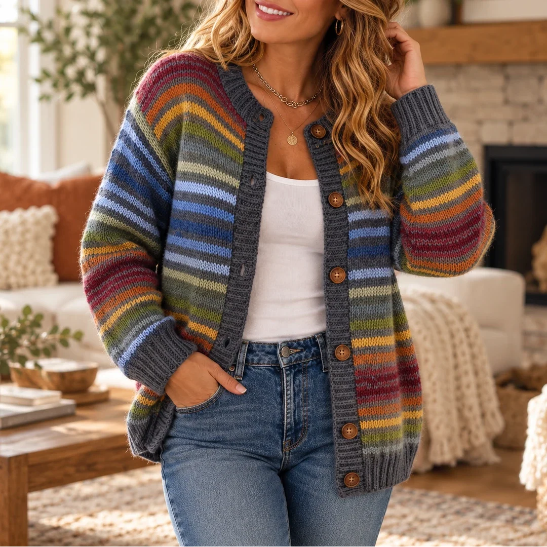 Wearbella – Striped Knit Button-Down Cardigan