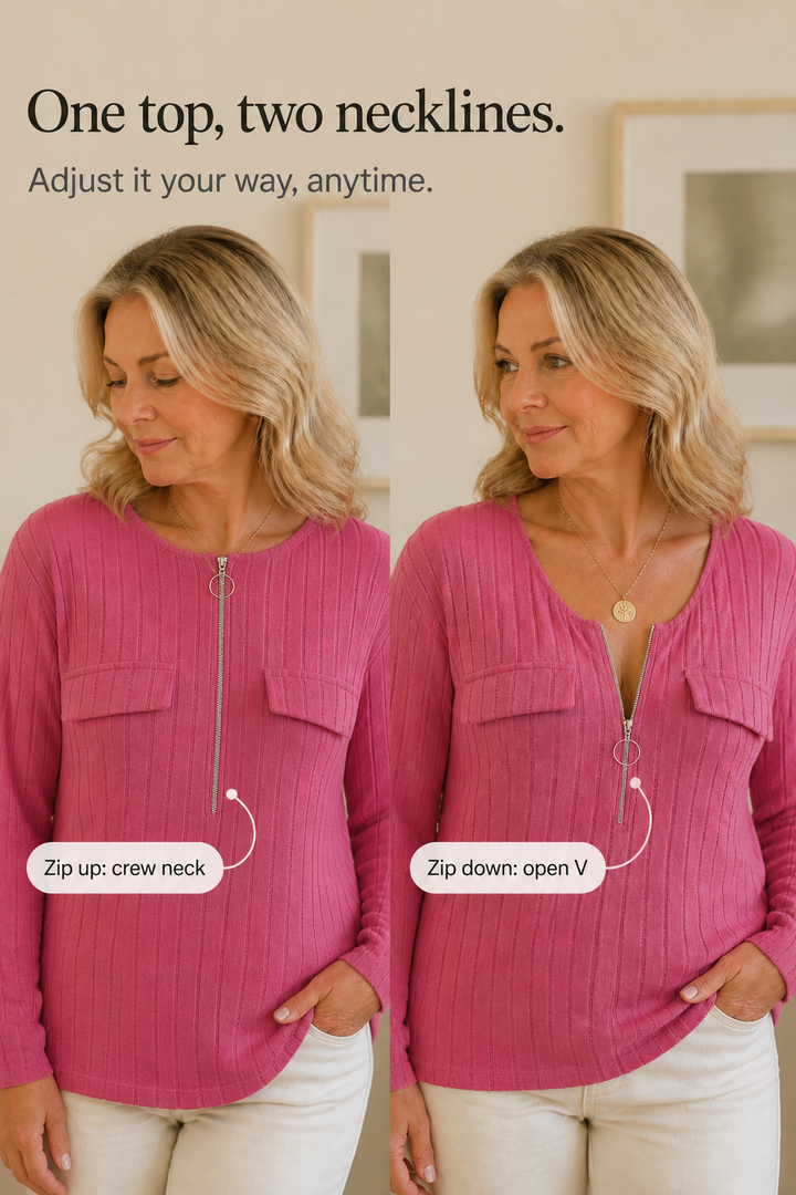 Veloura – Ribbed Adjustable Zip-Neck Knit Top