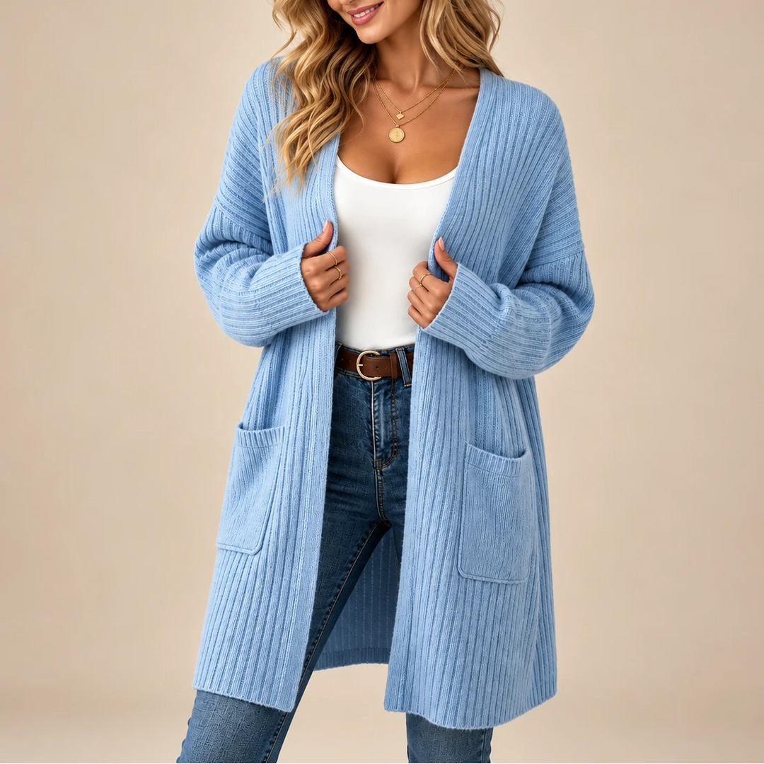 Aurelle – Long Ribbed Open-Front Cardigan