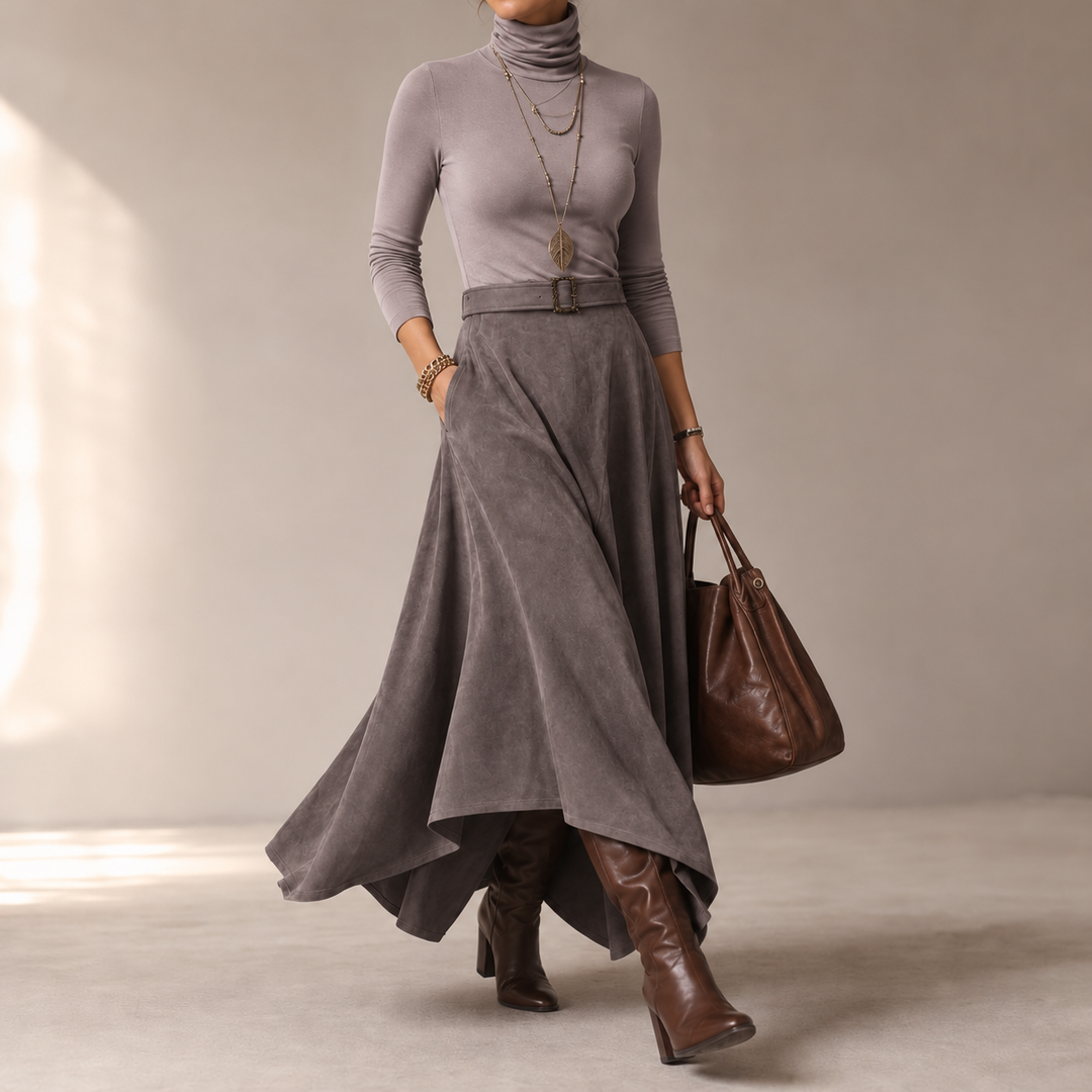 Sienna Fold – Asymmetrical Pleated Faux-Suede Skirt Set