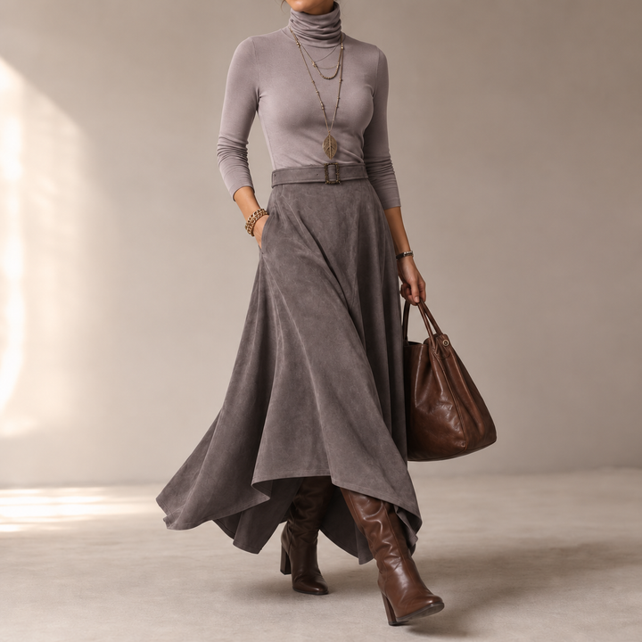 Sienna Fold – Asymmetrical Pleated Faux-Suede Skirt Set
