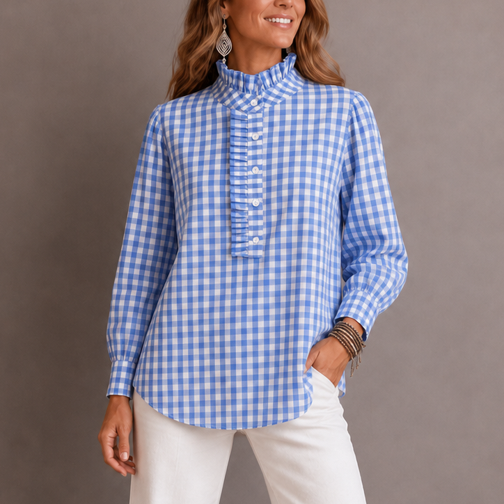 Larkspur – Ruffle Collar Gingham Placket Blouse