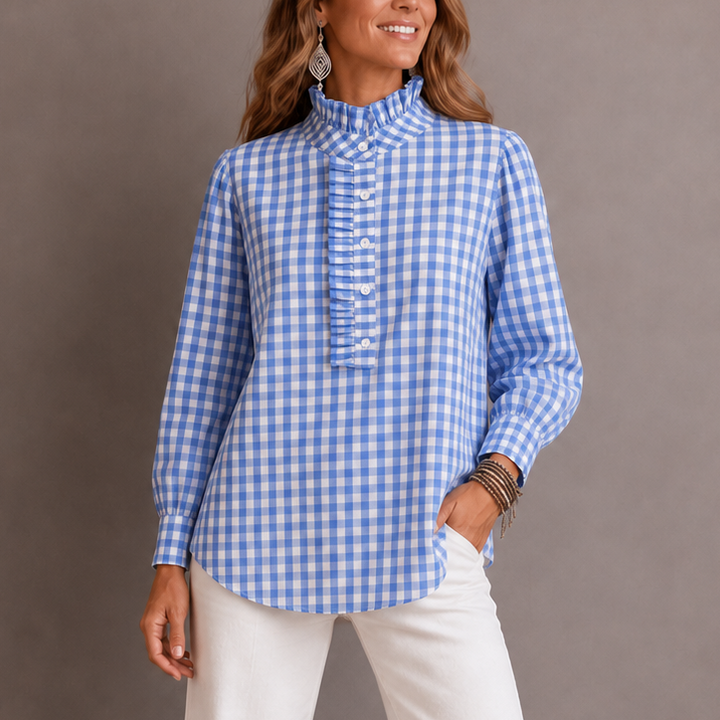 Larkspur – Ruffle Collar Gingham Placket Blouse