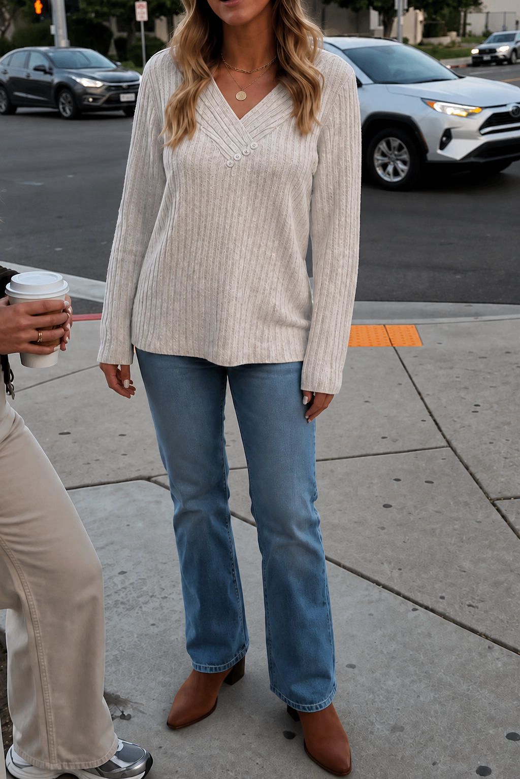 Marlowe & Rib – Ribbed V-Neck Button-Detail Sweater