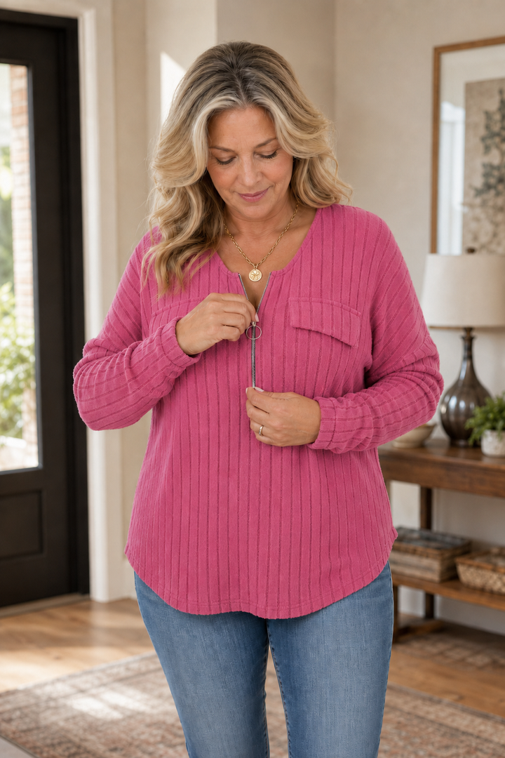 Veloura – Ribbed Adjustable Zip-Neck Knit Top