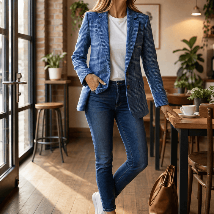 Ellara™ – Relaxed Plaid Lapel Blazer Blue / S