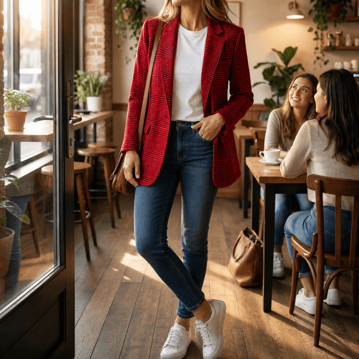 Ellara™ – Relaxed Plaid Lapel Blazer Red / S