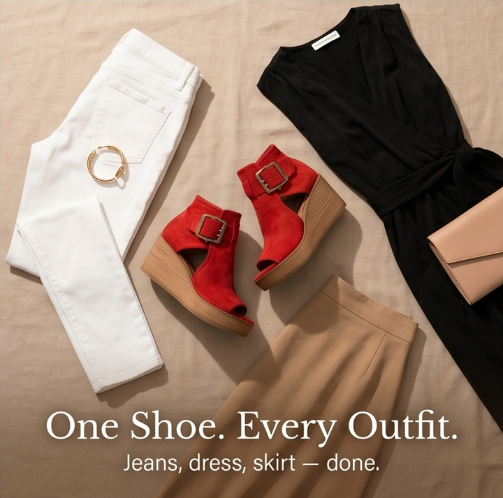 Elsera™ – Peep-Toe Platform Wedges with Buckle Detail