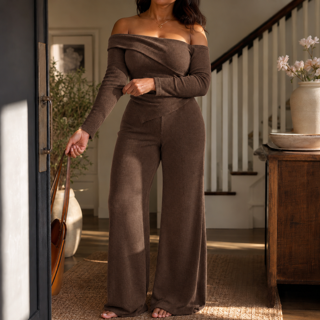 Veloura – Off-Shoulder Long-Sleeve Wide-Leg Pants Set