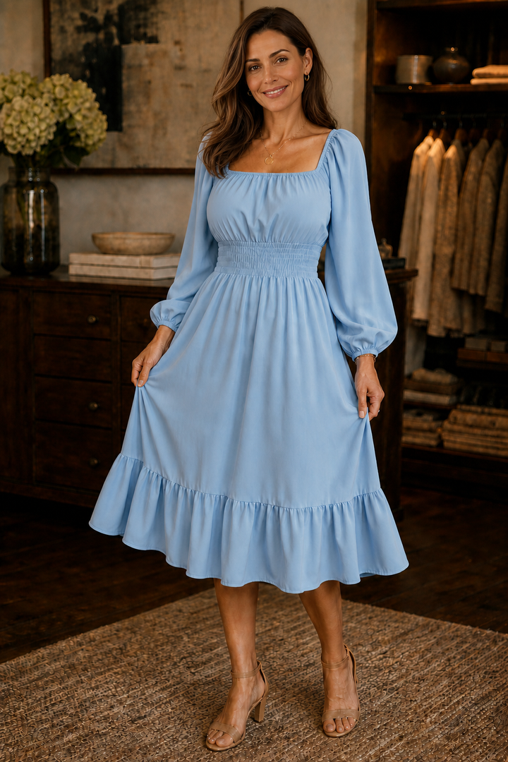 Trucewear – Smocked Square Neck Ruffled Midi Dress