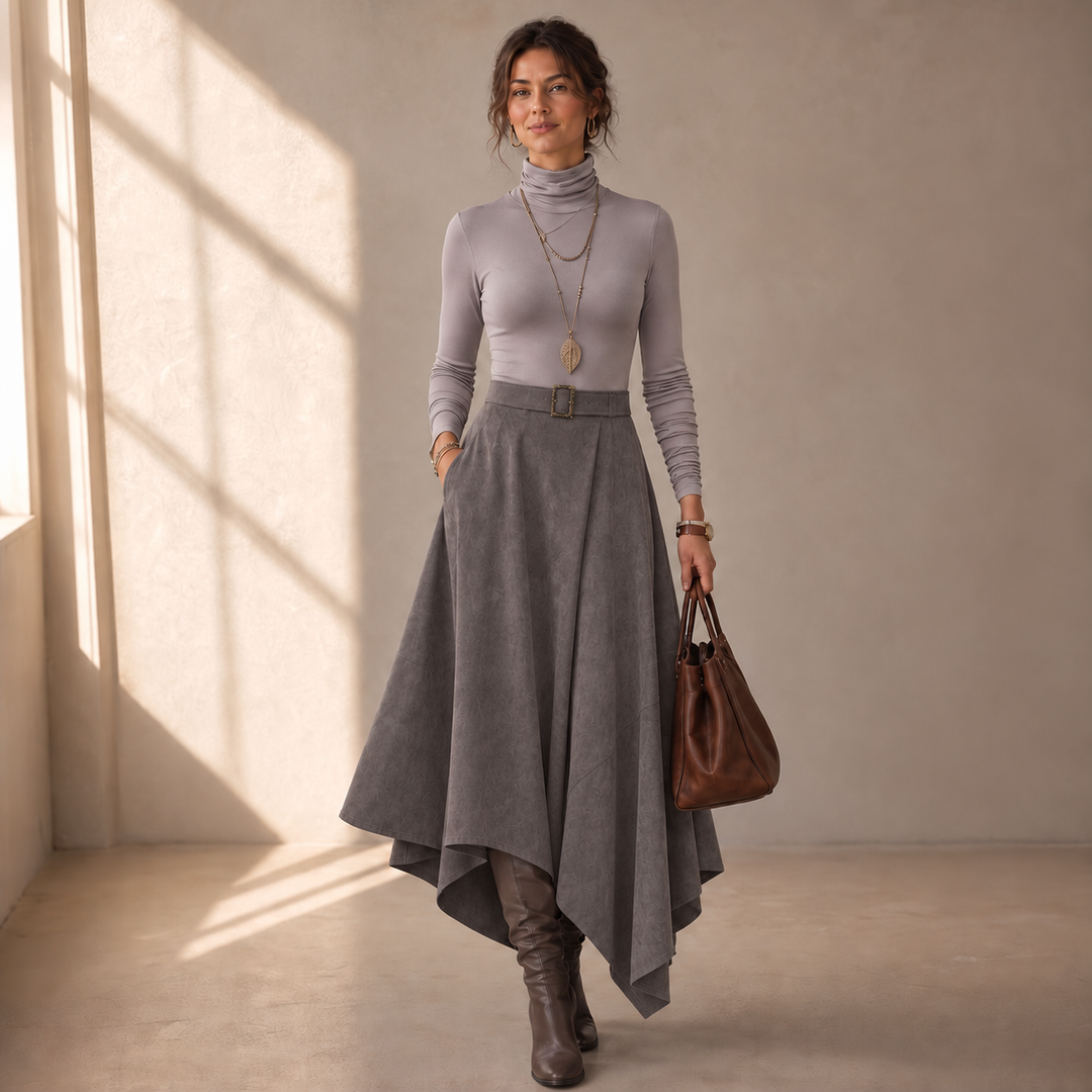 Sienna Fold – Asymmetrical Pleated Faux-Suede Skirt Set