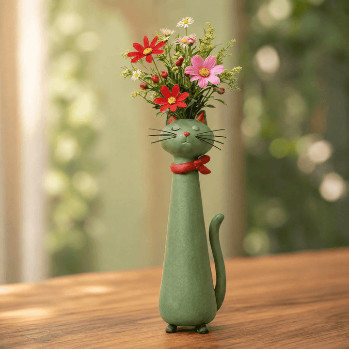 Felina™ – Handmade Ceramic Cat Flower Vase Green Cat