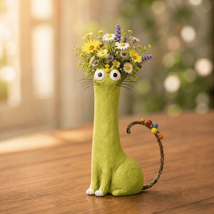 Felina™ – Handmade Ceramic Cat Flower Vase Green Googly Eyes