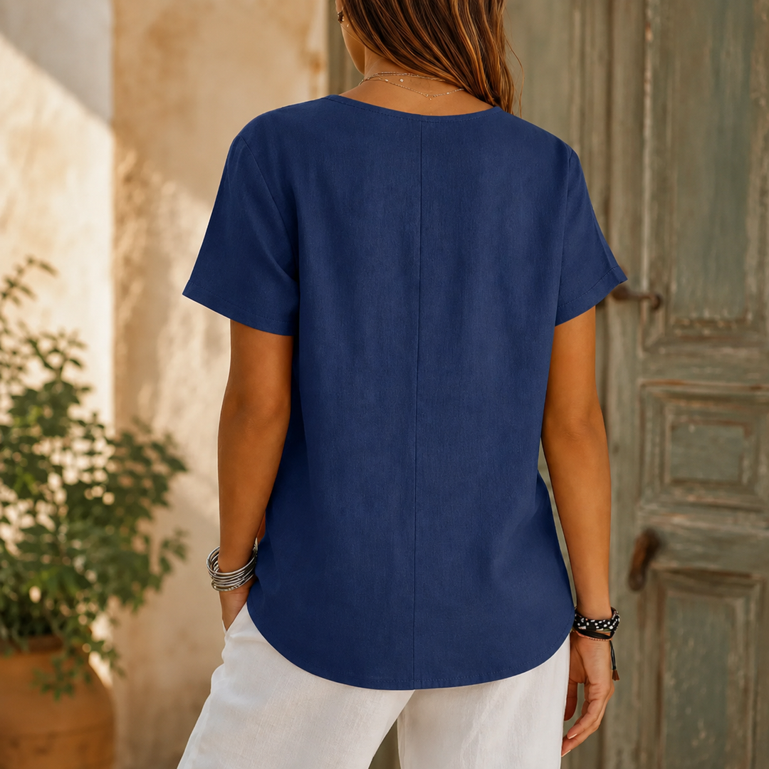 Solene – Relaxed V-Neck Blouse with Wood-like Buttons for Women
