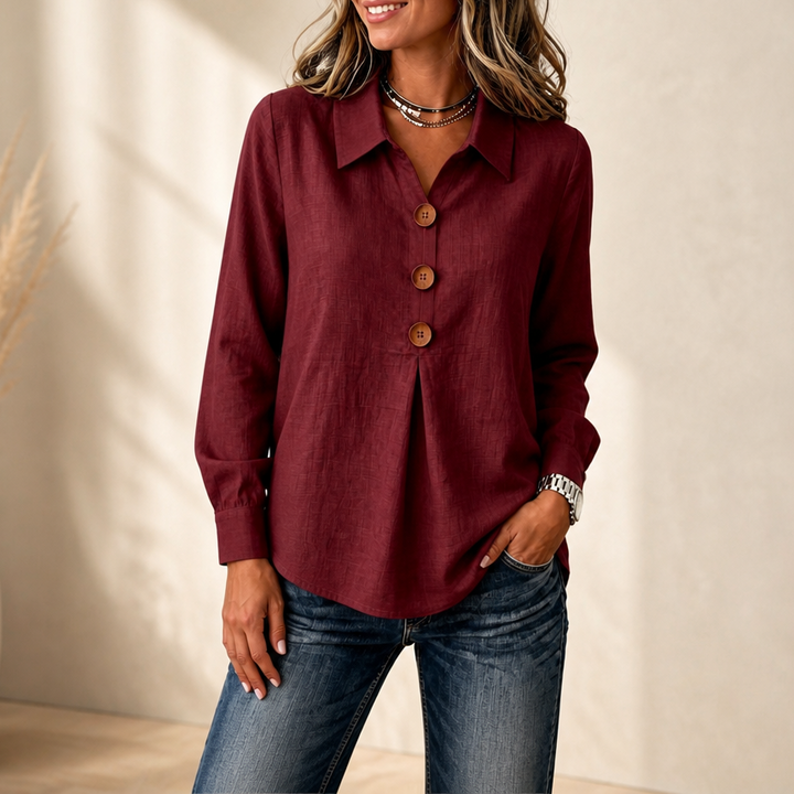 Velavie – Inverted Box Pleat Button-Up Blouse