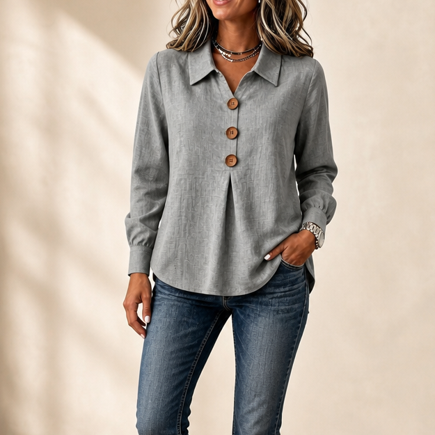 Velavie – Inverted Box Pleat Button-Up Blouse