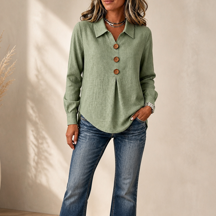Velavie – Inverted Box Pleat Button-Up Blouse