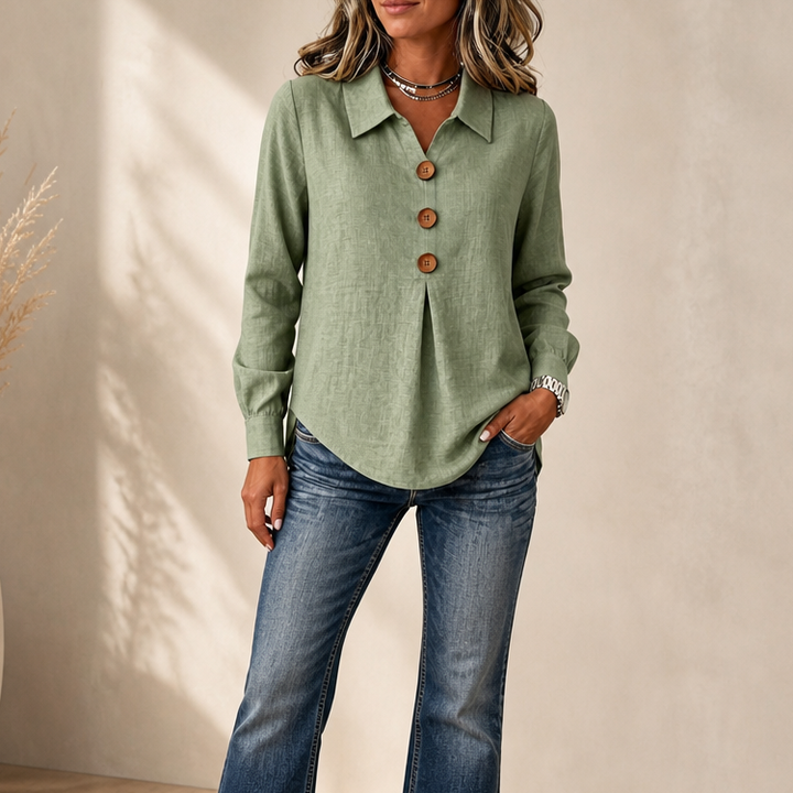 Velavie – Inverted Box Pleat Button-Up Blouse