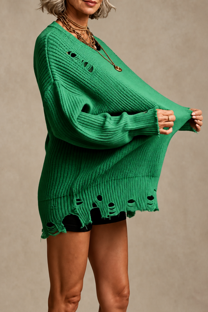 Wrenfield – Distressed Ribbed Knit Oversized Sweater with Ladder Rips, Crewneck Tunic