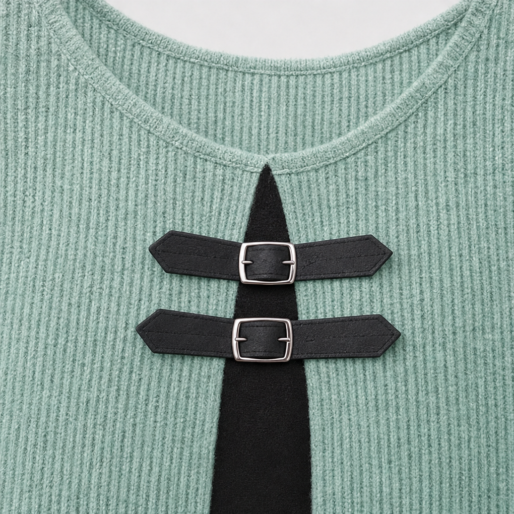 Duetta – Faux Two-Piece Buckle-Accent Ribbed A-Line Dress