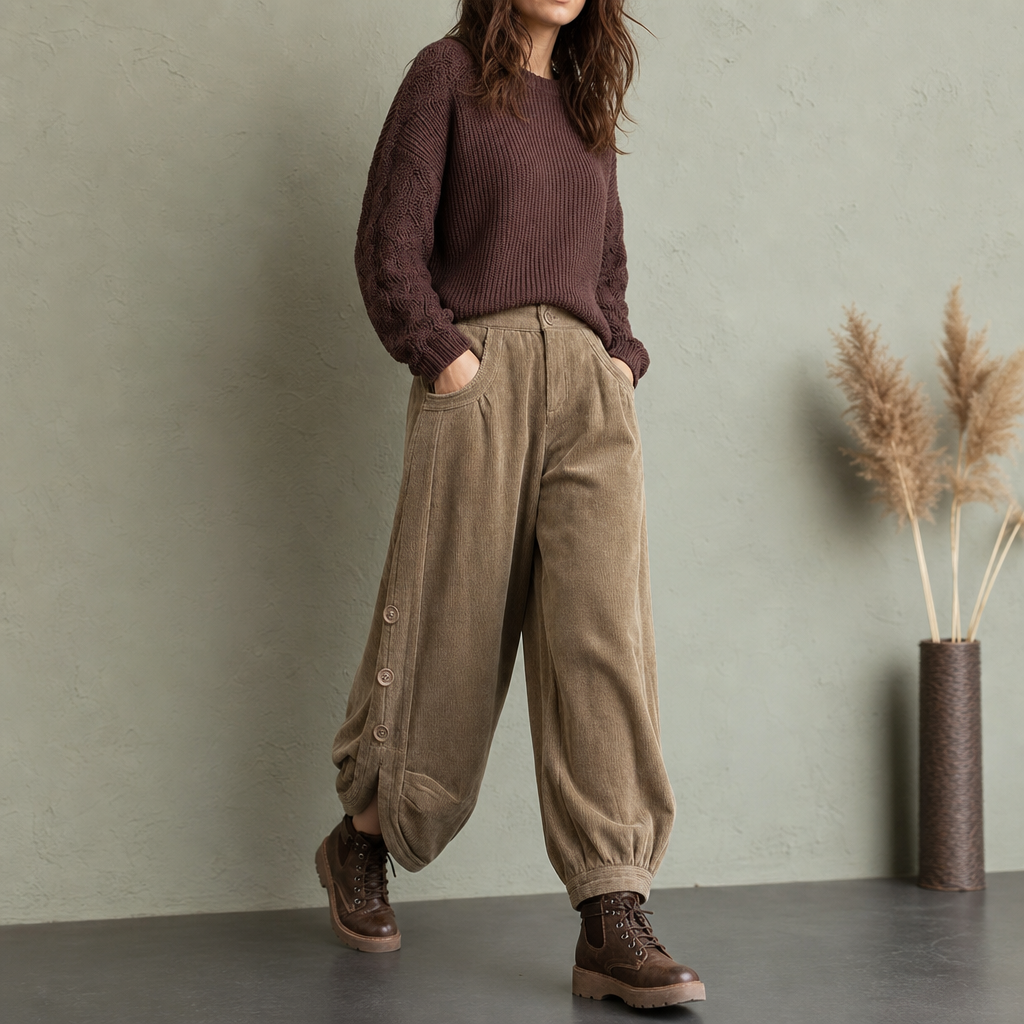 Cozelle – Side-Button Barrel Leg Corduroy Pants