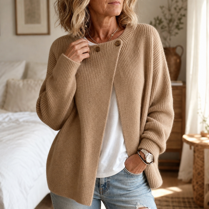 Drape & Rib – Asymmetrical Neck Ribbed Button Cardigan