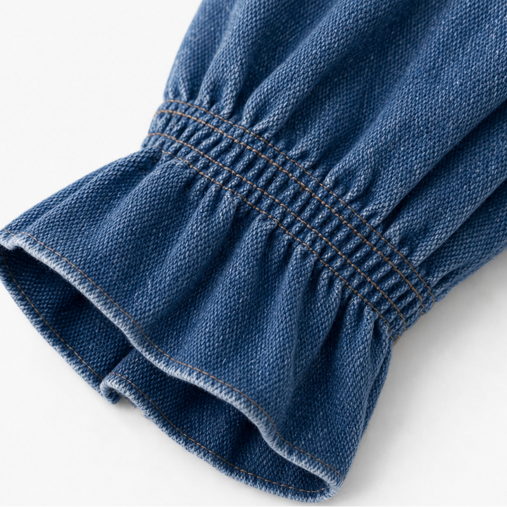 Wearbella – Ruffled Mock-Neck Blouson Sleeve Denim-Look Blouse