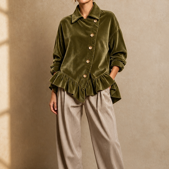 Velvetta – Asymmetric Button Cowl-Neck Peplum Top
