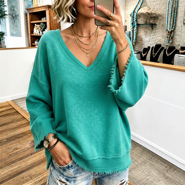 Wearbella – Raw-Hem Garment-Washed V-Neck Sweatshirt