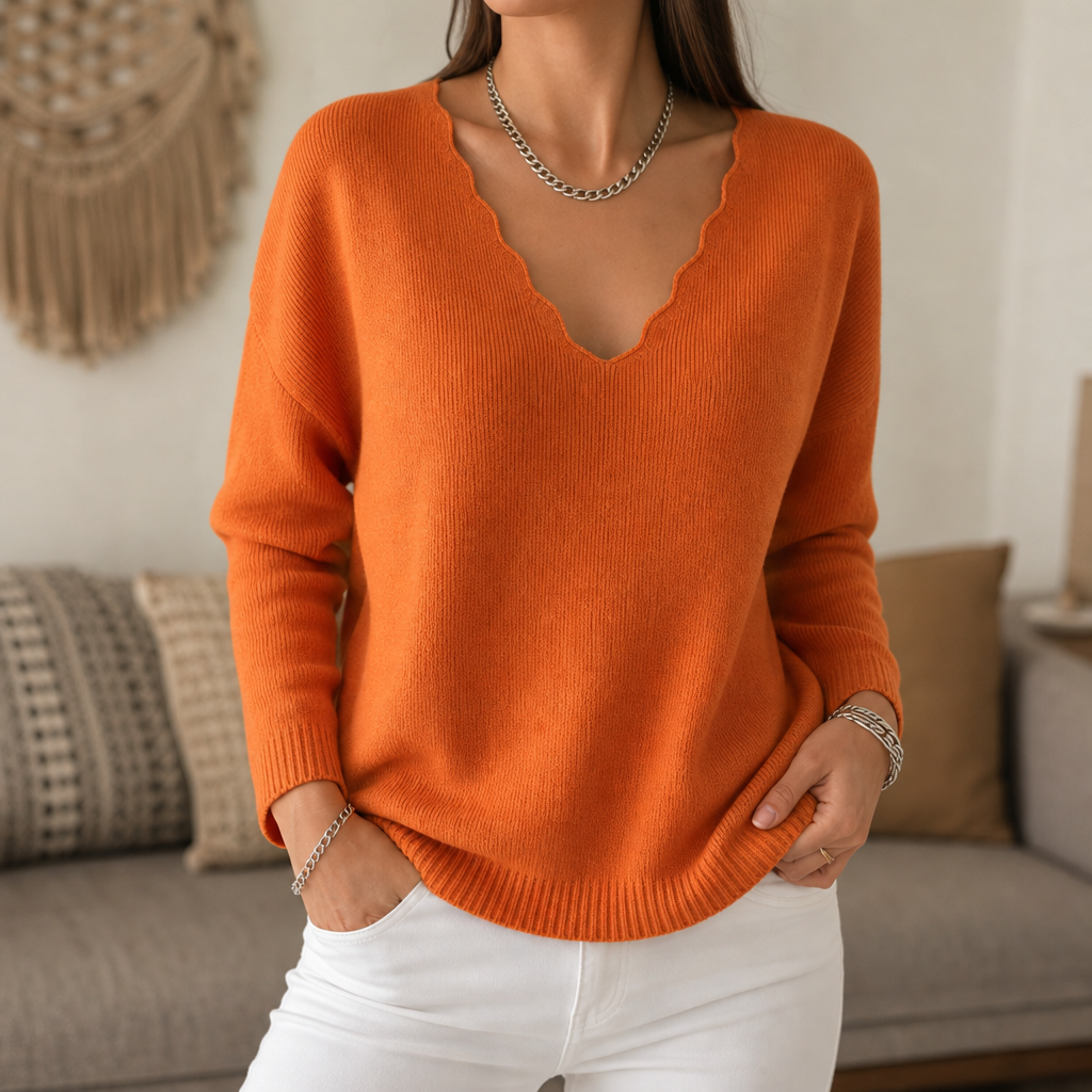 Wavelyn – Scalloped Edge V-Neck Knit Sweater