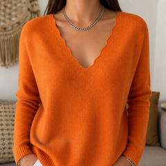 Wavelyn – Scalloped Edge V-Neck Knit Sweater