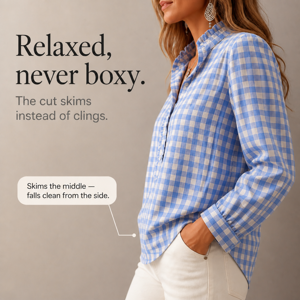 Larkspur – Ruffle Collar Gingham Placket Blouse