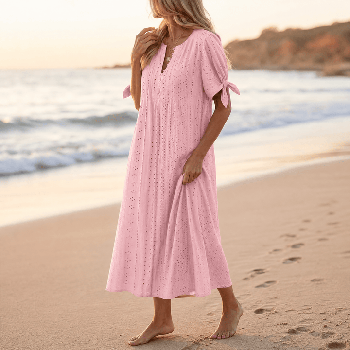 Florenza™ – Eyelet Midi Dress with Tie-Bow Sleeves Dusty Pink / S