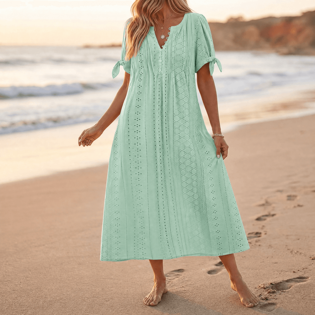 Florenza™ – Eyelet Midi Dress with Tie-Bow Sleeves Sage Green / S