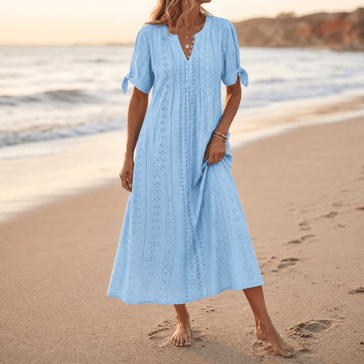 Florenza™ – Eyelet Midi Dress with Tie-Bow Sleeves Sky Blue / S