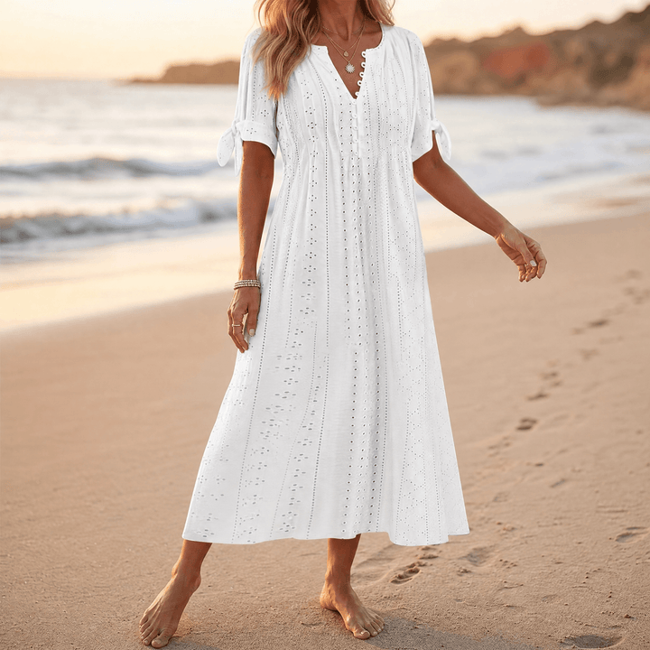 Florenza™ – Eyelet Midi Dress with Tie-Bow Sleeves White / S