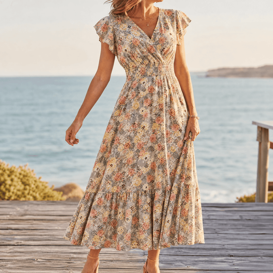 Florenza™ – Floral V-Neck Smocked Waist Midi Dress Khaki Cream Floral / S