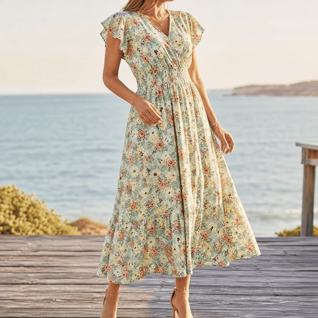 Florenza™ – Floral V-Neck Smocked Waist Midi Dress Sage Green Floral / S