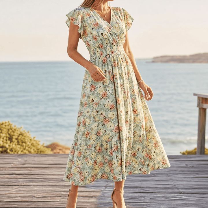 Florenza™ – Floral V-Neck Smocked Waist Midi Dress Sage Green Floral / S