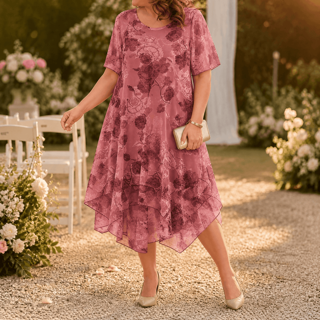 Florenza™ – Layered Chiffon Floral Dress Burgundy Rose / L