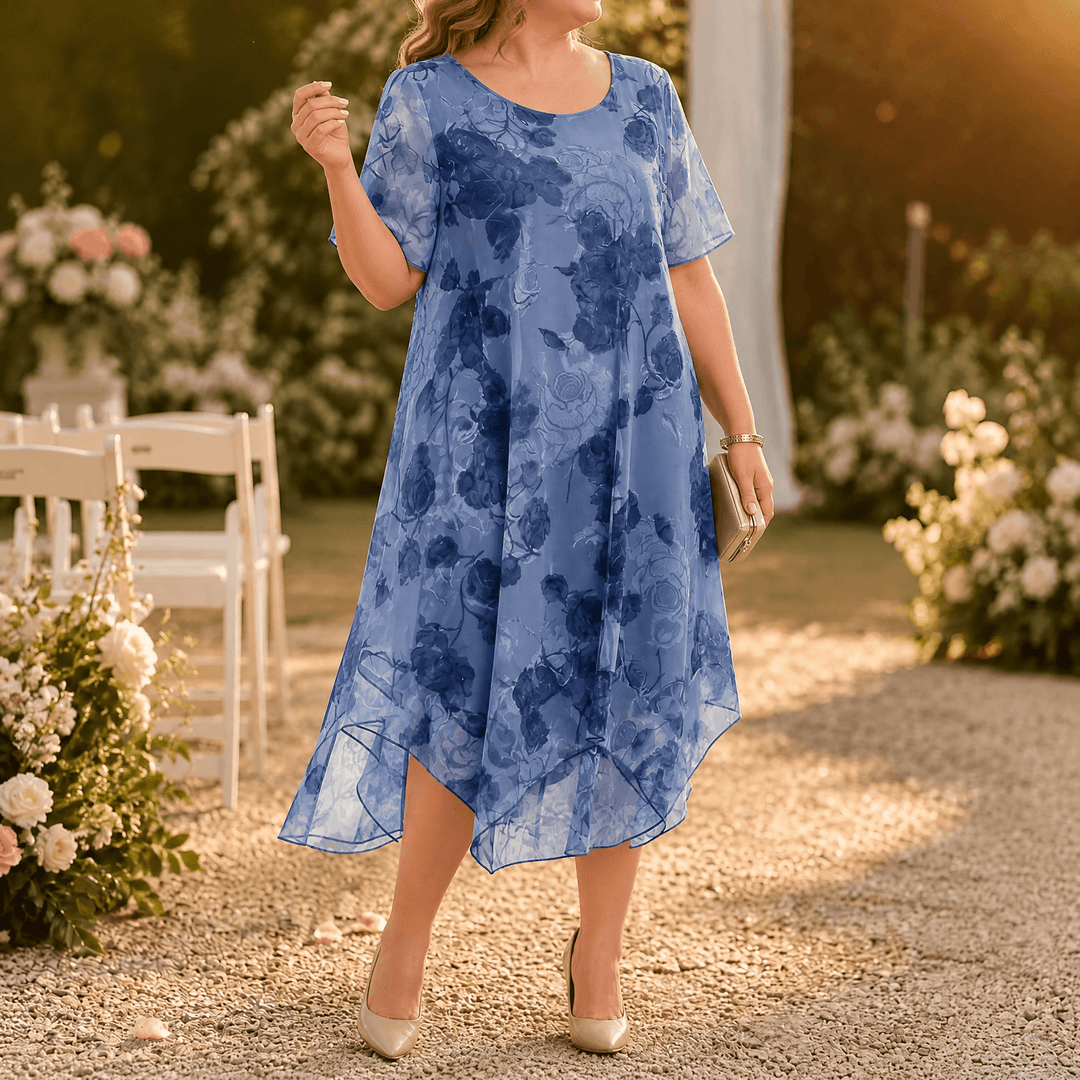 Florenza™ – Layered Chiffon Floral Dress Dusty Blue / L