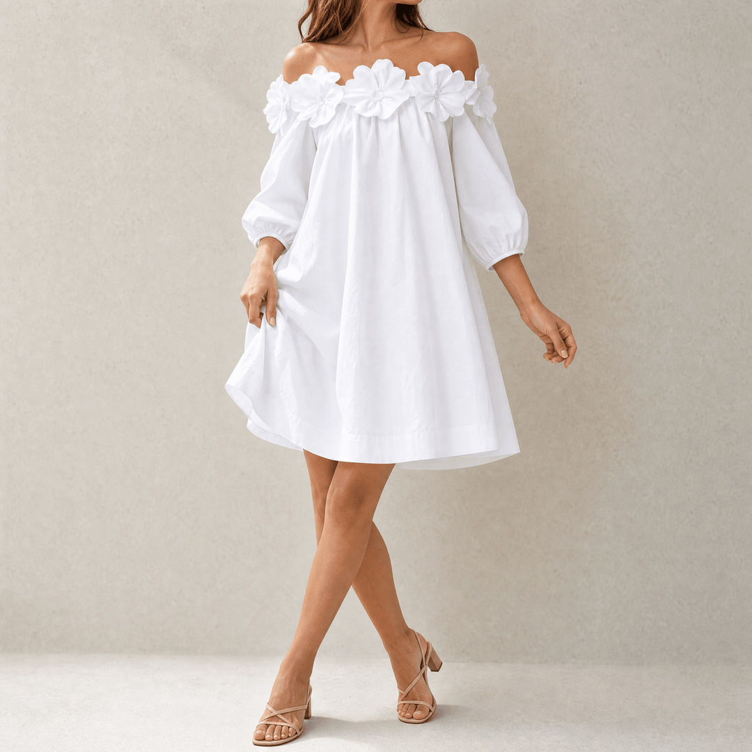 Florenza™ – Sculpted Rose Off-Shoulder Dress White / S