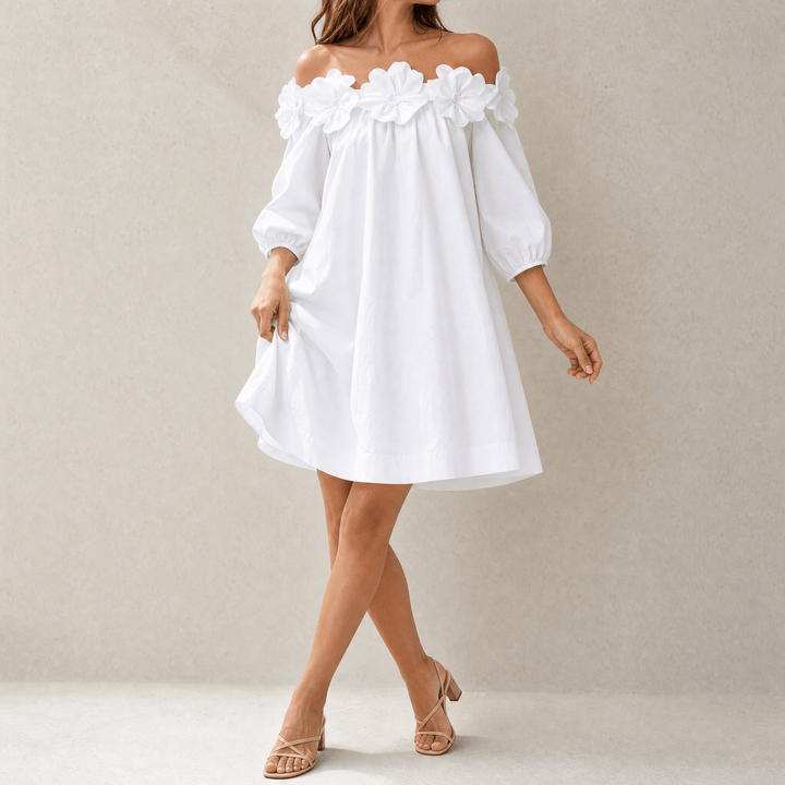Florenza™ – Sculpted Rose Off-Shoulder Dress White / S